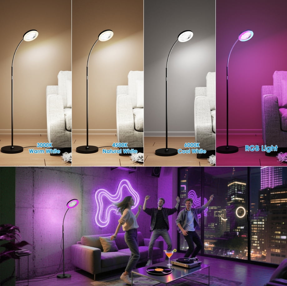 IDOGLOME Floor Fan with RGB Lights Lamp 18w 1200Lm LED Light Fixture with Standing Fan and Remote（Black）