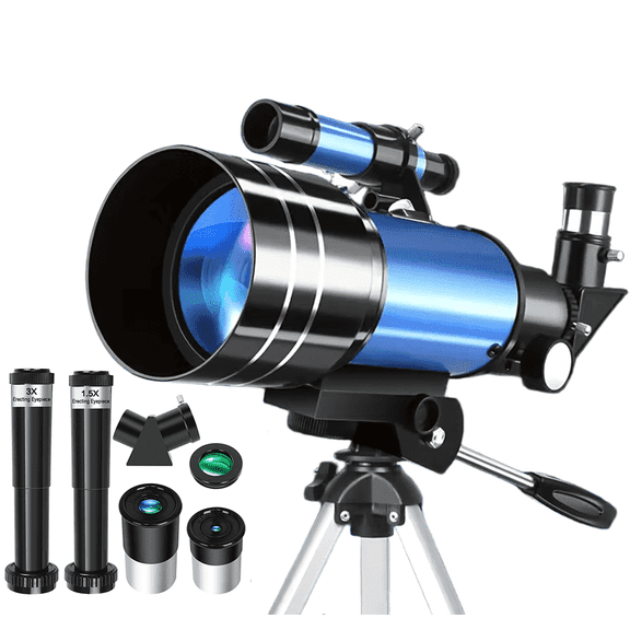 70mm Refractor Telescope for Kids and Beginners, 300mm Focal Length with Eyepieces, Barlow Lenses, Short Tripod and DIY Stickers