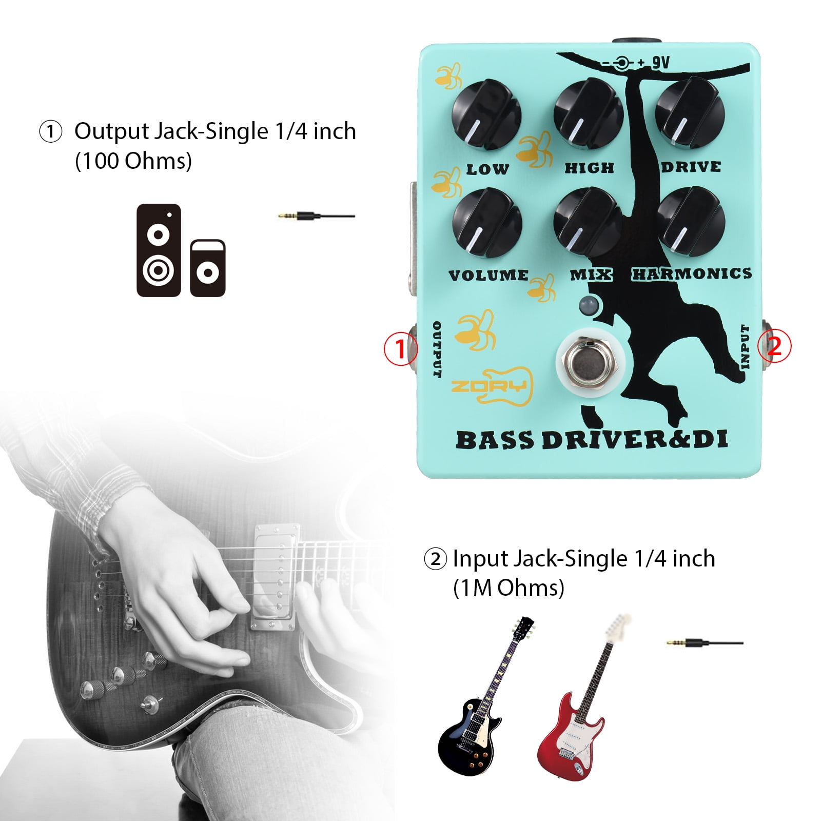 Effect Pedal for Guitar Bass Driver Driver and DI Box Bass Effector Pedal for Electric Bass Guitar with XLR Output Bass Amp Pedal True Bypass DC 9V 6.35mm Input/Output Interface