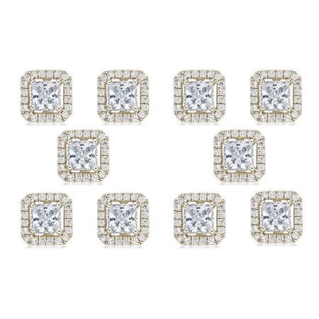 Paris Jewelry 14k Yellow Gold 4mm 4Ct Princess Cut White Sapphire Set of Five Halo Stud Earrings Plated