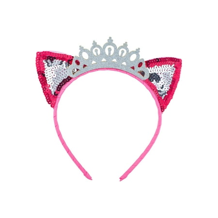 Lux Accessories Pink Cat Ears Pink Silver Sequin Princess Glitter Tiara Headband