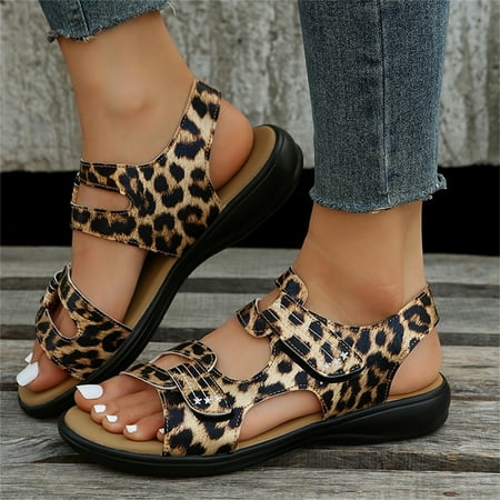 

Feiboyy Ladies Fashion Summer Leopard Print Leather Open Toe Hook Loop Flat Sandals