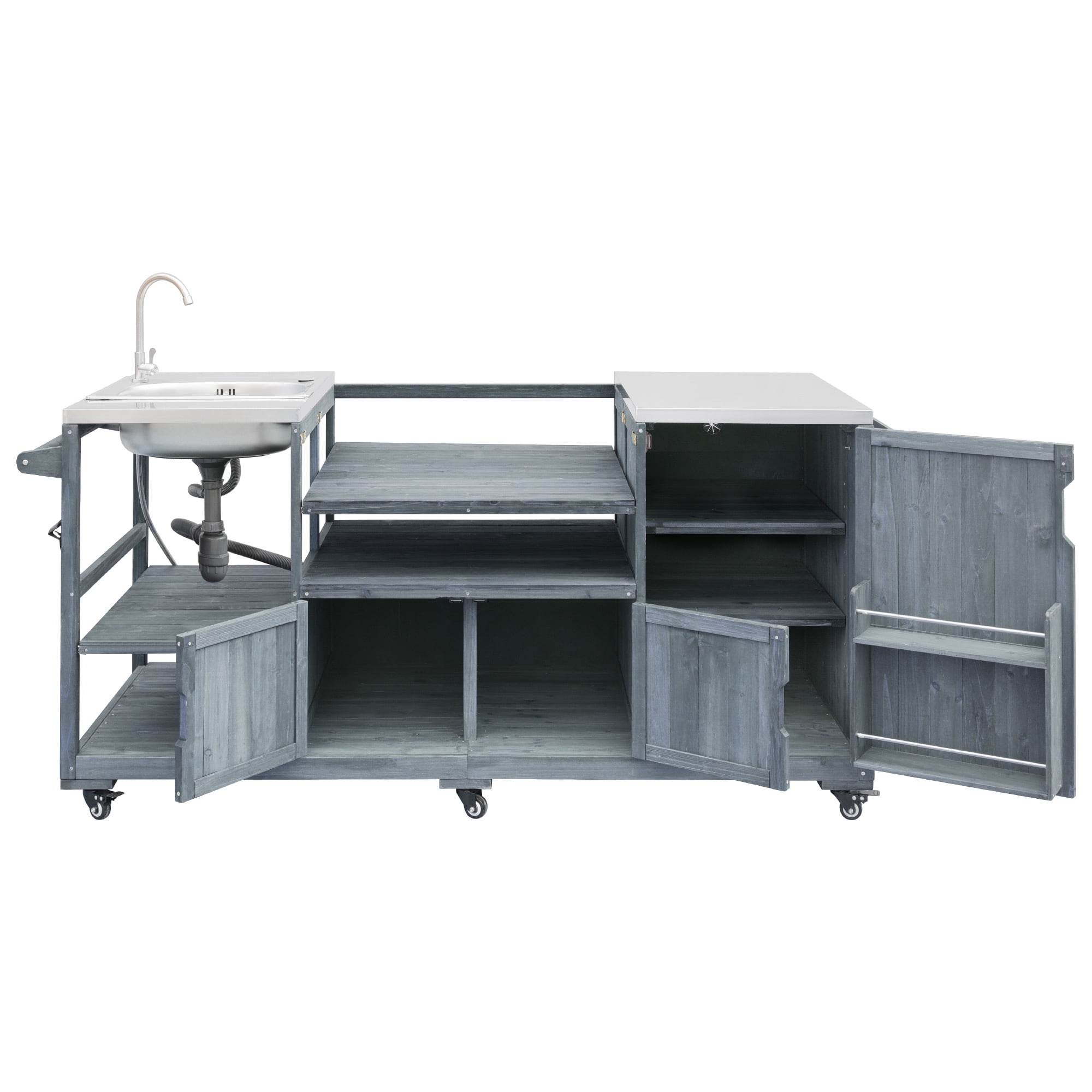 Euroco 75.4" Outdoor Kitchen Island with Sink, Solid Wood Outdoor Grill Cart for Big Green Egg Grills, Rolling Outdoor Bar Cart with Stainless Steel Top, for Pizza Prep & BBQ