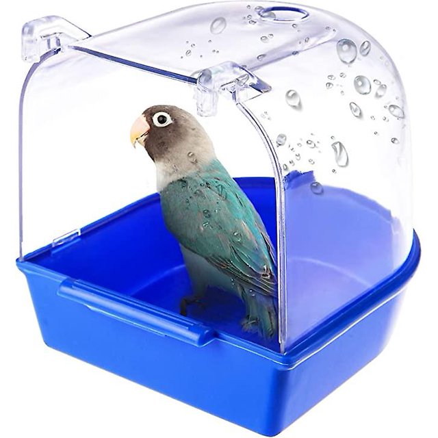 Baño para pájaros colgante transparente, jaula de ducha de plástico para limpiar loros y pájaros cuco, azul