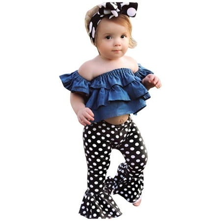 

XINSHIDE Toddler Kids Baby Girls Set Clothes Summer Off Shoulder Denim T Shirt Tops Dot Flared Pants Bell Bottoms Casual 2Pcs Outfits Set Baby Clothing