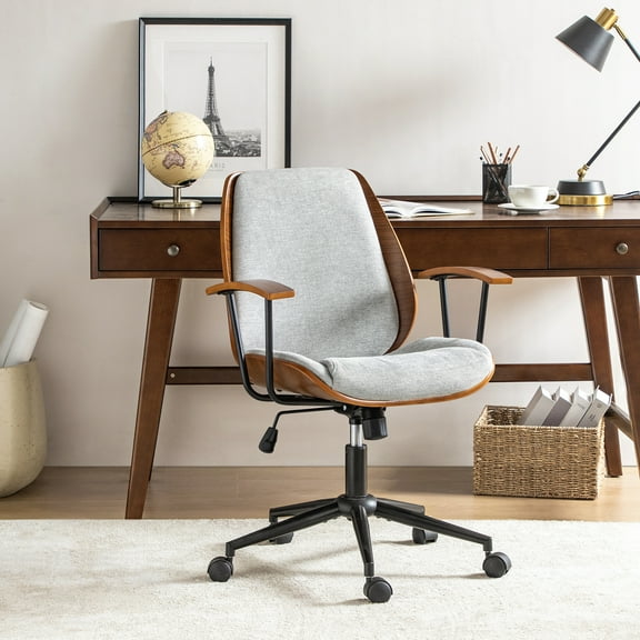Ergonomic Adjustable Swivel Office Chair with Solid Wood Backrest and Premium Comfort Gray Cushion for Home Workplace