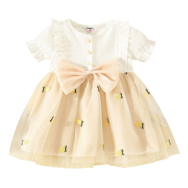 MEZZALL Robe Princesse en Tulle à Manches Courtes avec Nœud Imprimé Fruits pour Filles, Robe de Danse, Robe de Fête Mignonne, Blanche, 18-24 Mois