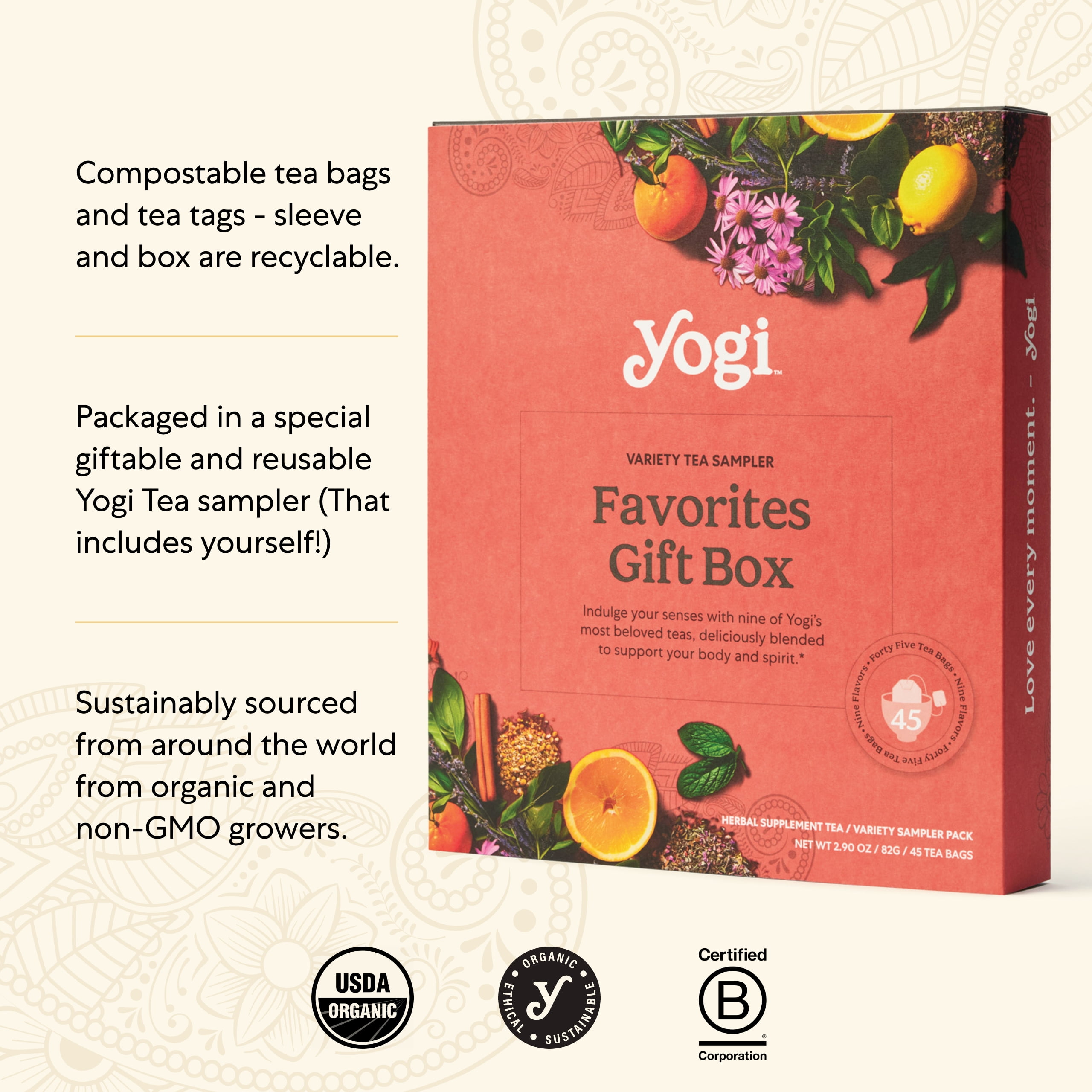 Favorites Yogi Organic Sampler Gift Box - Assorted Delicious Wellness Teas - 9 Herbal, Green & Black Teas - Variety Pack (45 Tea Bags)