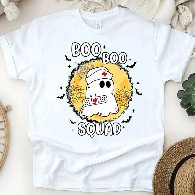 Boo Boo Squad Nurse T-Shirt | Cute Ghost Medical Graphic Tee, White, Size S