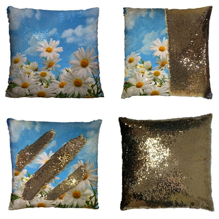 Daisy Flower Pillow GCKG Elegant Natural Wild White Daisy Flower Field Under The Blue Sky Reversible Mermaid Sequin Pillow Case Home Decor Cushion Cover 16x16 inches ()