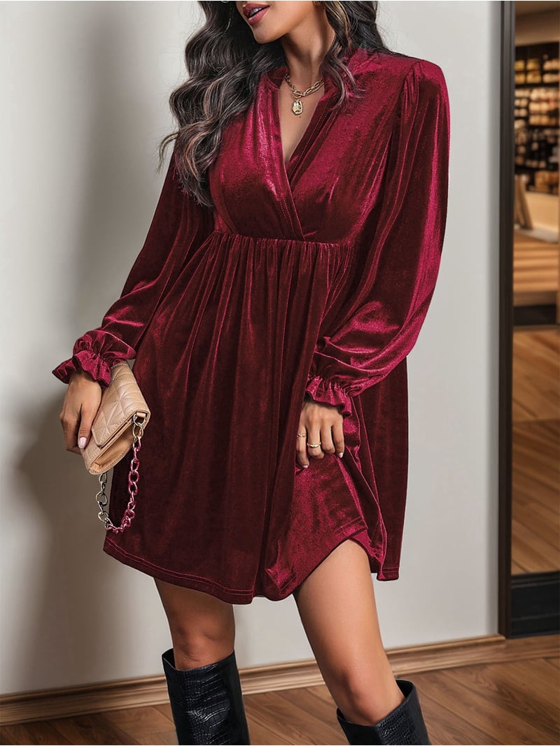 Women Elegant Retro Short Loose V-Neck Long Sleeve Velvet Solid Color Dress  Fall Winter Fashion Clothing Wine Red S