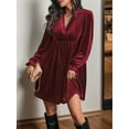thumbnail image 5 of Women Elegant Retro Short Loose V-Neck Long Sleeve Velvet Solid Color Dress Fall Winter Fashion Clothing Wine Red S, 5 of 9