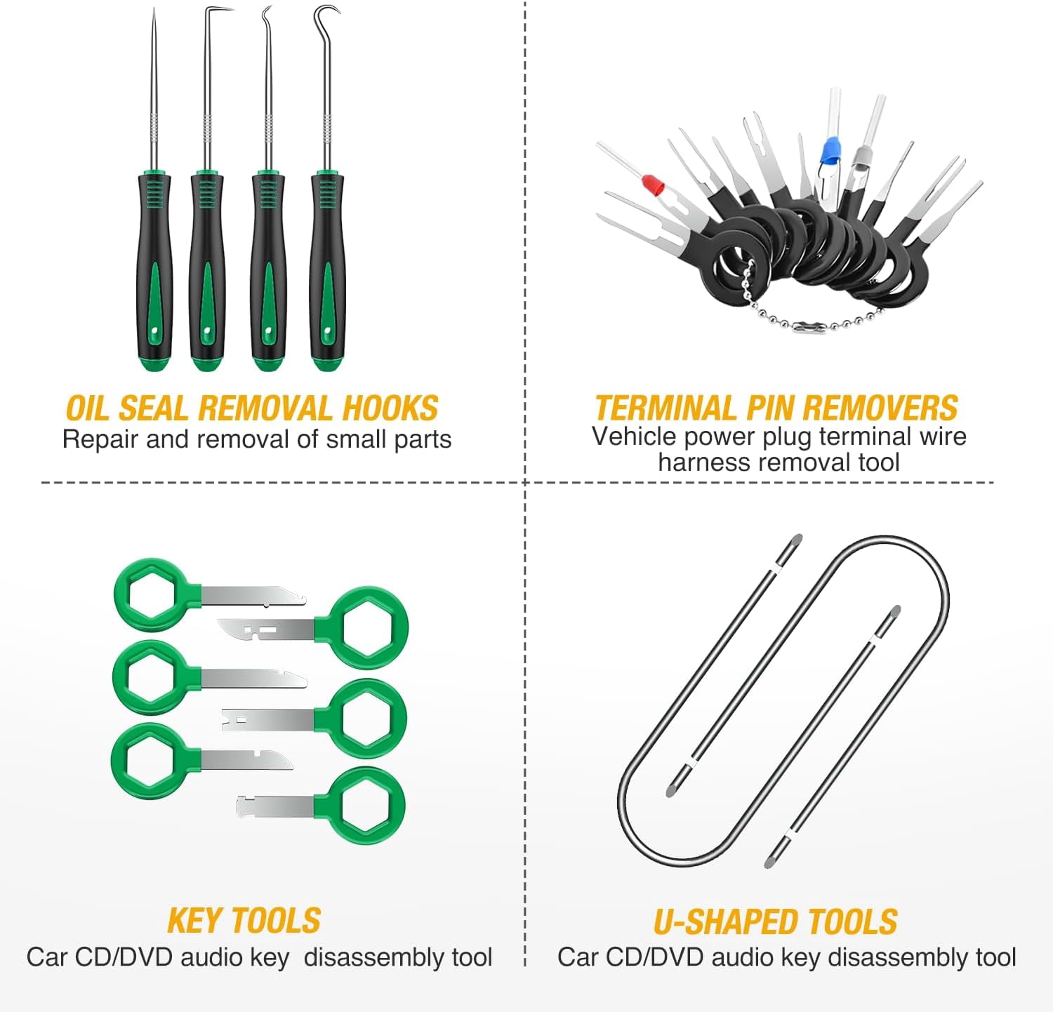 GOOACC 200Pcs Trim Removal Tool, Auto Push Pin Bumper Retainer Clip Set Fastener Terminal Remover Tool Adhesive Cable Clips Round Handle Crowbar Kit Car Panel Radio Removal Auto Clip Pliers, Green