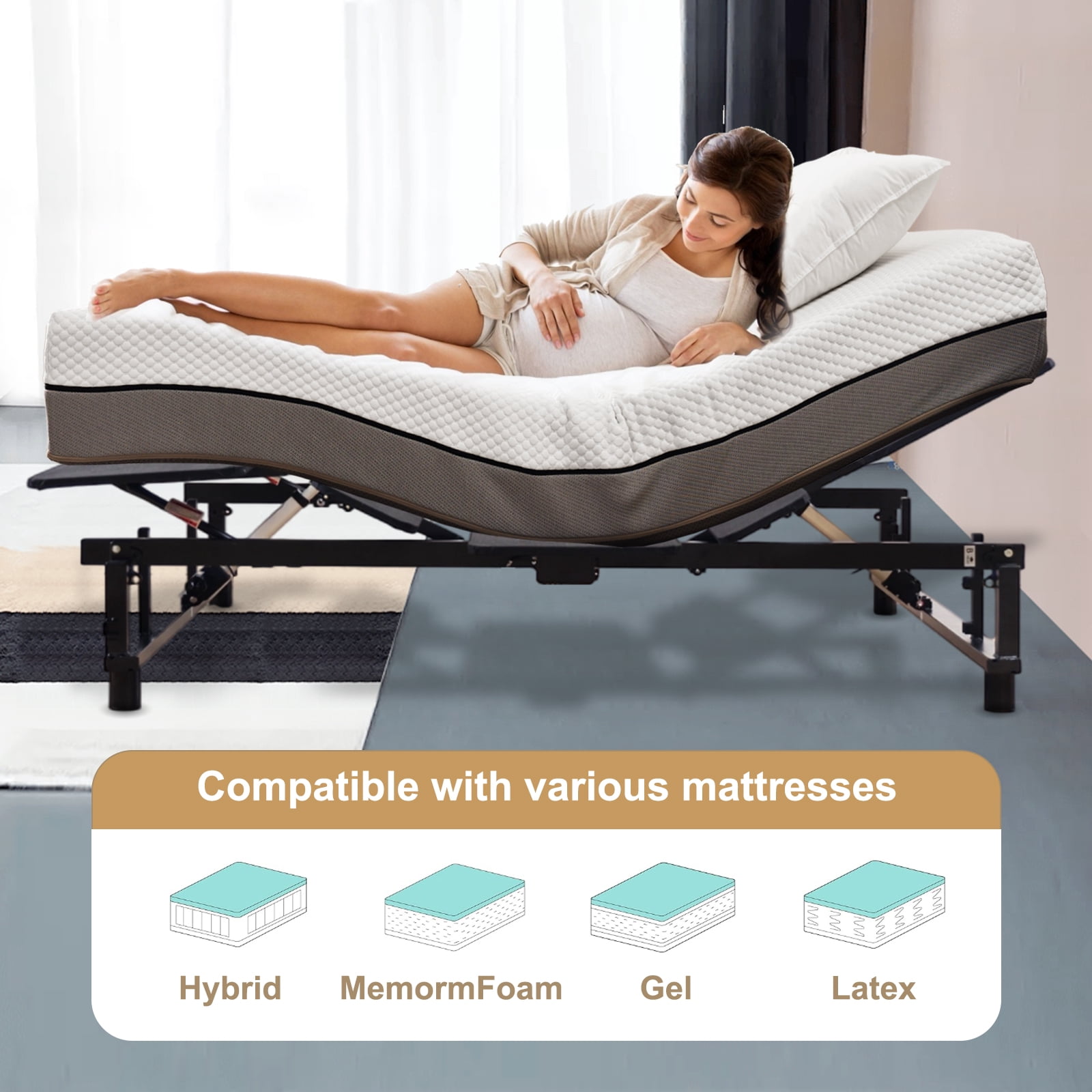 Yoneston Queen Size Adjustable Bed Base Frame with Head & Foot Incline, Wireless Remote Control Ergonomic Electric Bed Frame Zero Gravity Quiet Motor, Black