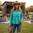 thumbnail image 4 of Linen Blouses for Women Summer Cute Fringe Long Sleeve Modest Tunic Tops Casual Y2k Baggy Crew Neck Plain T Shirts Turquoise XL, 4 of 7