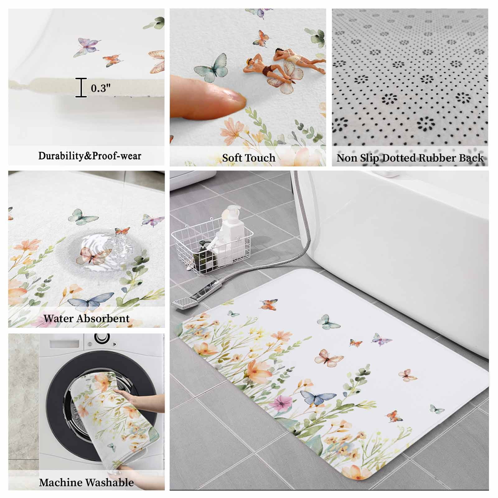 Spring Floral Bath Mat 3 Piece Bathroom Rug Set, Butterfly Summer Botanical Watercolor Non Slip Bath Rug Contour Mat and Toilet Lid Cover, Absorbent Shower Mats Soft Bath Rugs and Mats Sets