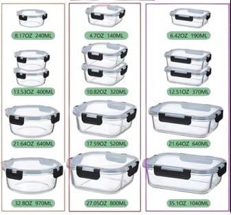 Shaws Cookware 30 Piece Glass Food Storage Containers with Lids, Easy Lock Airtight Lid, For Meal Prep, Leftovers, Fruit, Fridge, Freezer , & Oven Safe, Assorted Sizes, 15 Containers & 15 Lids, Black