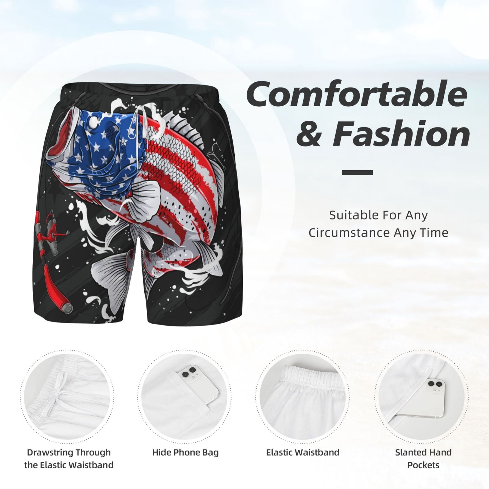 Xecao Largemouth Bass Fish in USA for Men's Swimming Trunks Swim Trunks Quick Dry Swim Shorts with Mesh Lining Funny Swimwear Bathing Suits