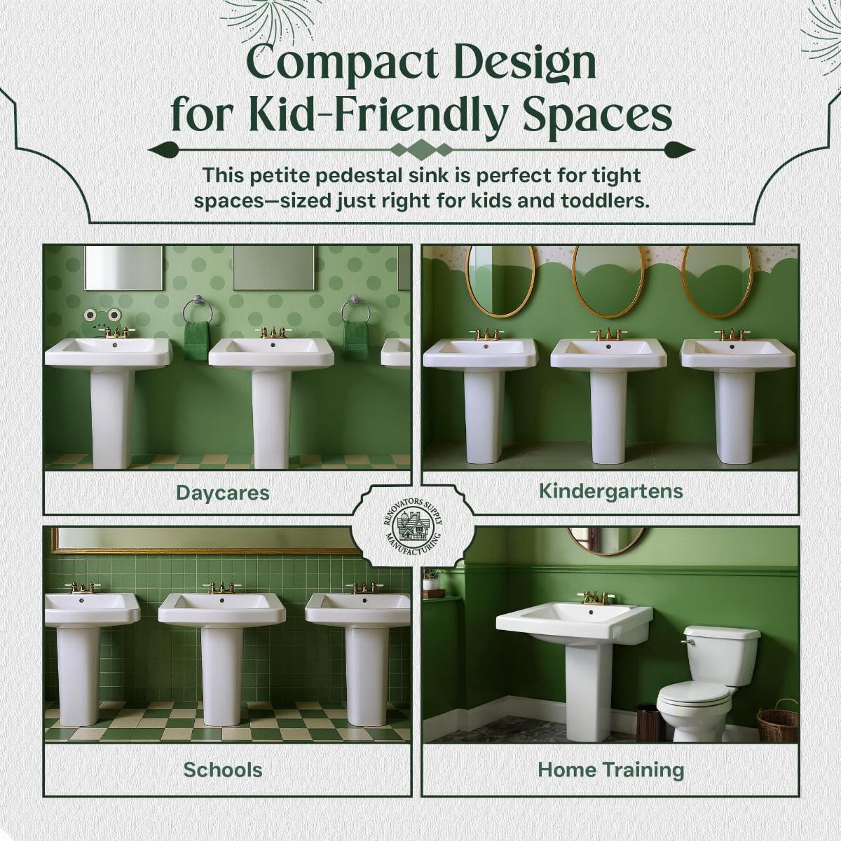 Renovators Supply WeeWash Child Size Pedestal Sinks for Kids Bathrooms 16" W White Porcelain Bathroom Pedestal Sink Pack of 2