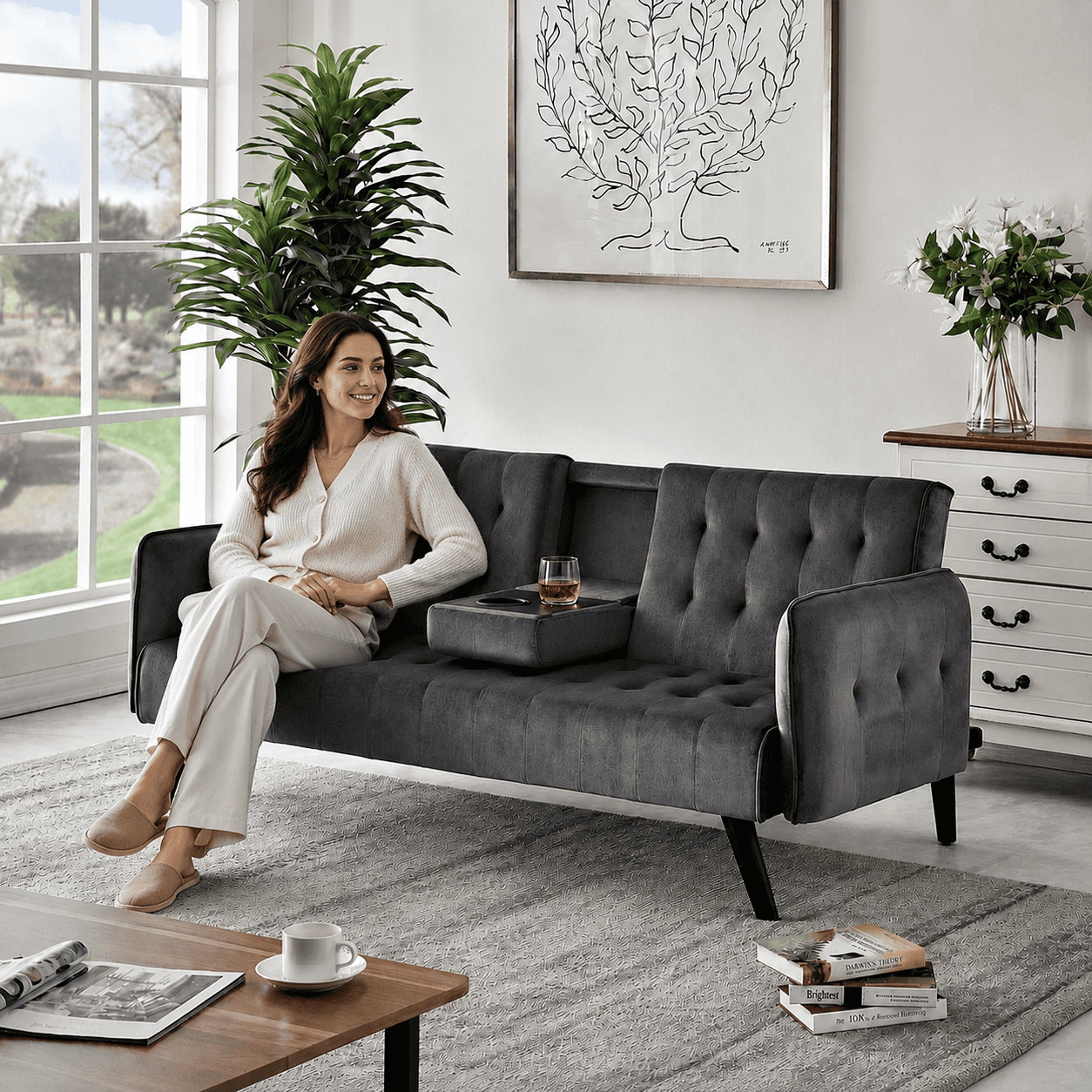 BSHTI 72" Linen Sleeper Sofa Bed with Folding Backrest,Adjustable Back,Drop-Down Table with Cup Holder for Living Room（Dark Gray）