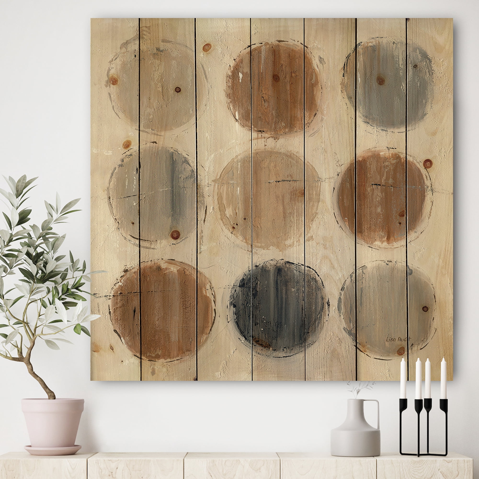 Designart 'Circle Geometric Natural Balance II' Mid-Century Modern Transitional Print on Natural Pine Wood