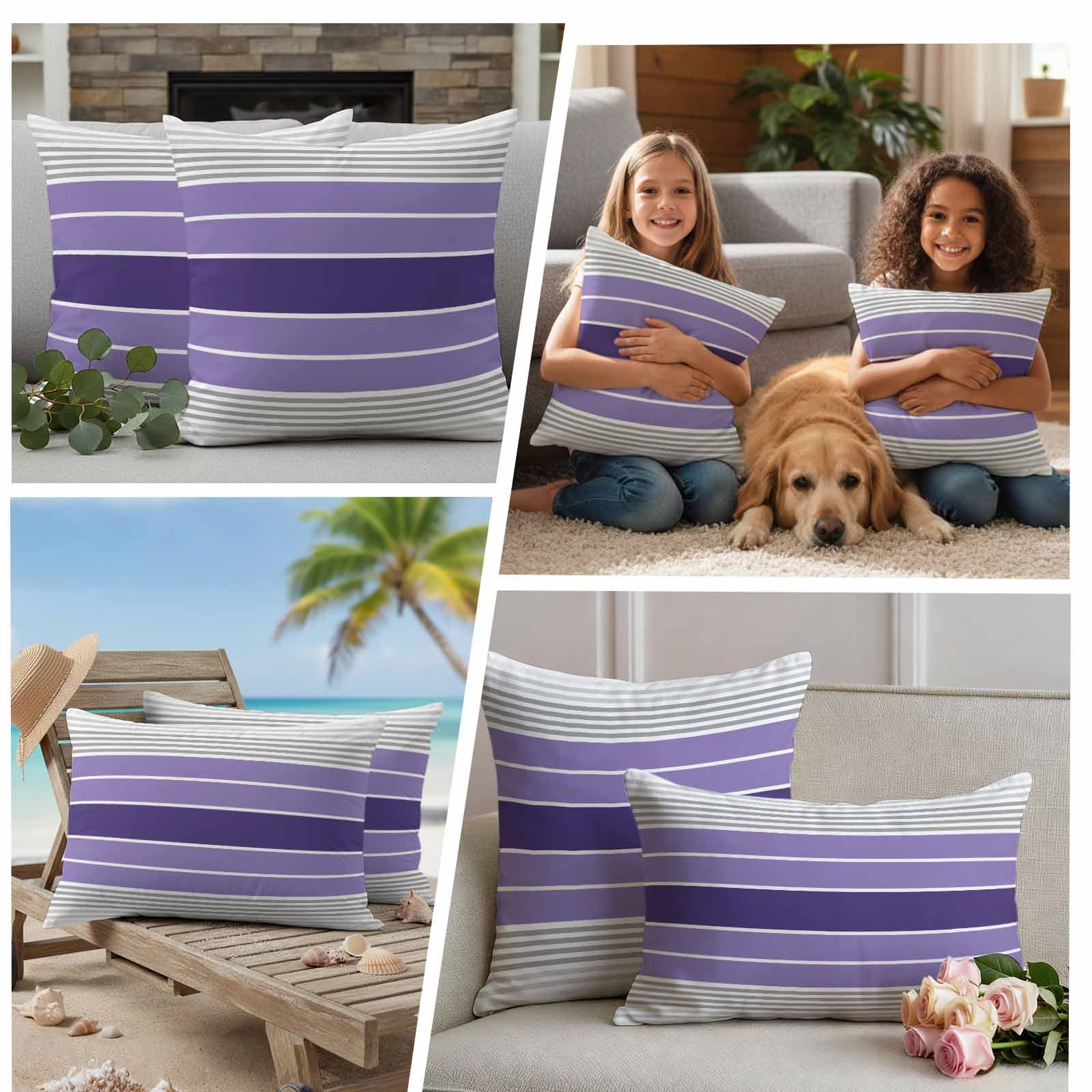 Purple Ombre Stripes Outdoor Waterproof Pillow Covers, Minimalist Gradient Lines Texture Decorative Rectangle Throw Pillowcase Sofa Cushion Sham for Patio/Couch/Chair, 20"x12" 2 Pack