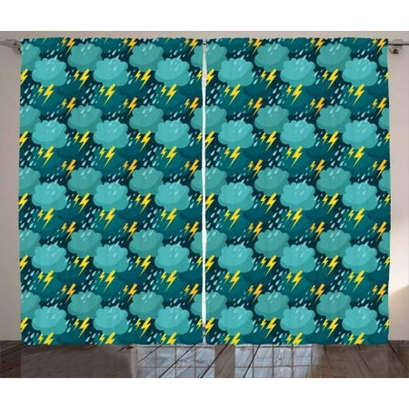 Blue And Yellow Curtains 2 Panels Set Wet Autumn Weather Heavy Rainfall Deluge With Thunder Window Drapes For Living Room Bedroom 108w X 108l