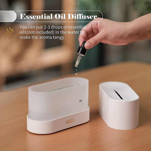 Humidificador de aire, aceites esenciales, humidificador de niebla de llama de simulación, humidificador USB silencioso con 2 luces de noche, 180ml, con función de apagado automático, blanco Feliz Sencillez