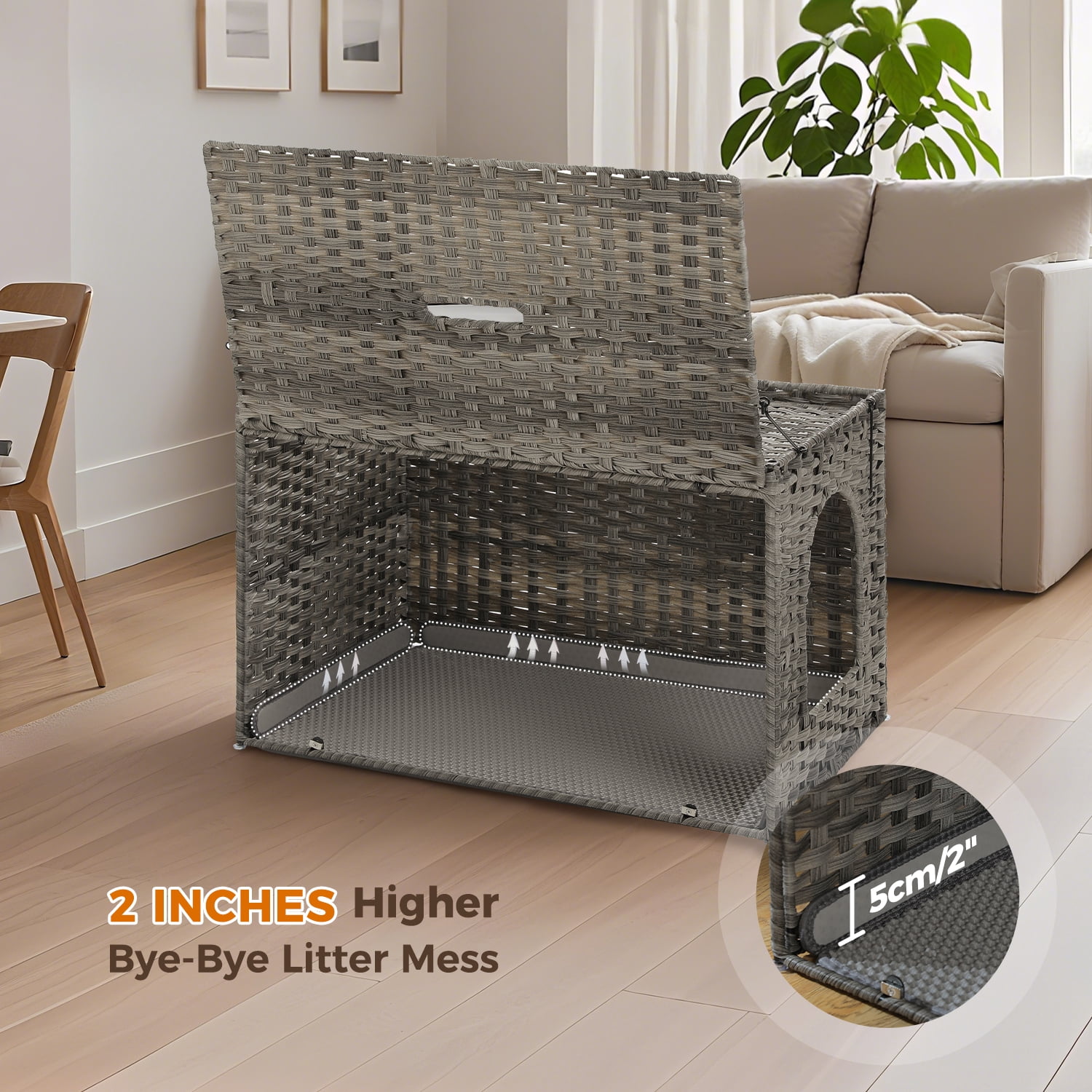 PEQULTI Rattan Cat Litter Box Enclosure Pet House with Taller Doorway for Large Cats Indoor Gray