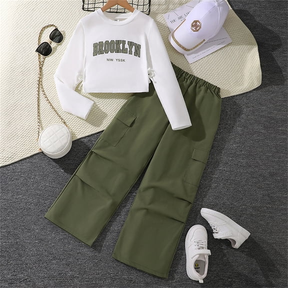 Big Girls Streetwear 2-Piece Outfits Set Letter Graphic Hooded Sweatshirt and Wide Leg Cargo Pants Kids Green