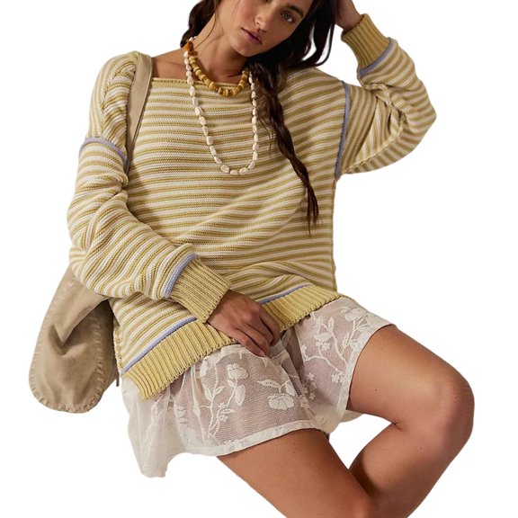 Women's Long Sleeve Crewneck Casual Loose Pullover Sweater Jumper Tops Stripe Knitted Sweater Fall Winter Outfits