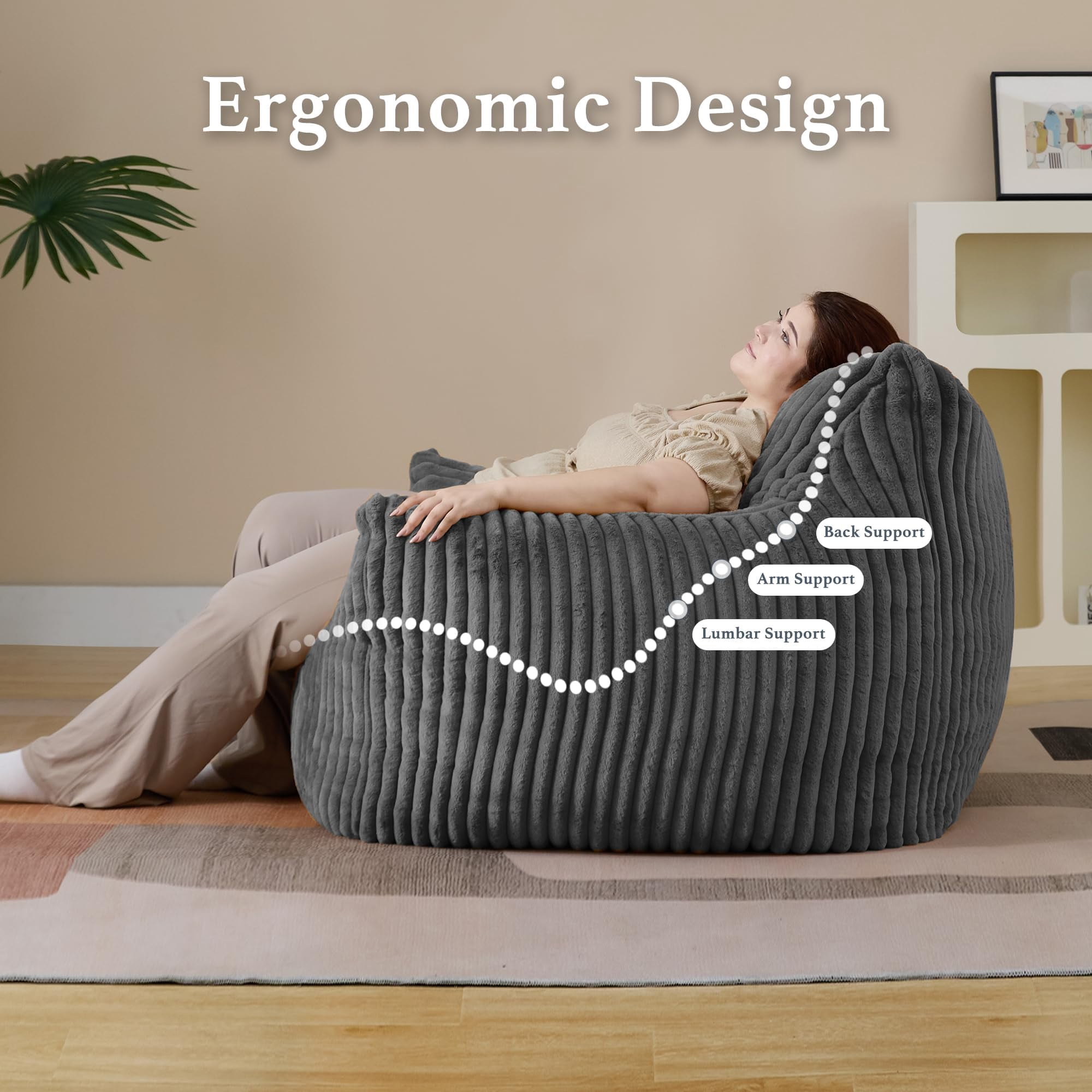 Plush Bean Bag Chair for Living Room, Oversized Comfy Bean bag Lounge Chair Lazy Floor Sofa Couch for Bedroom, Dorm, Grey
