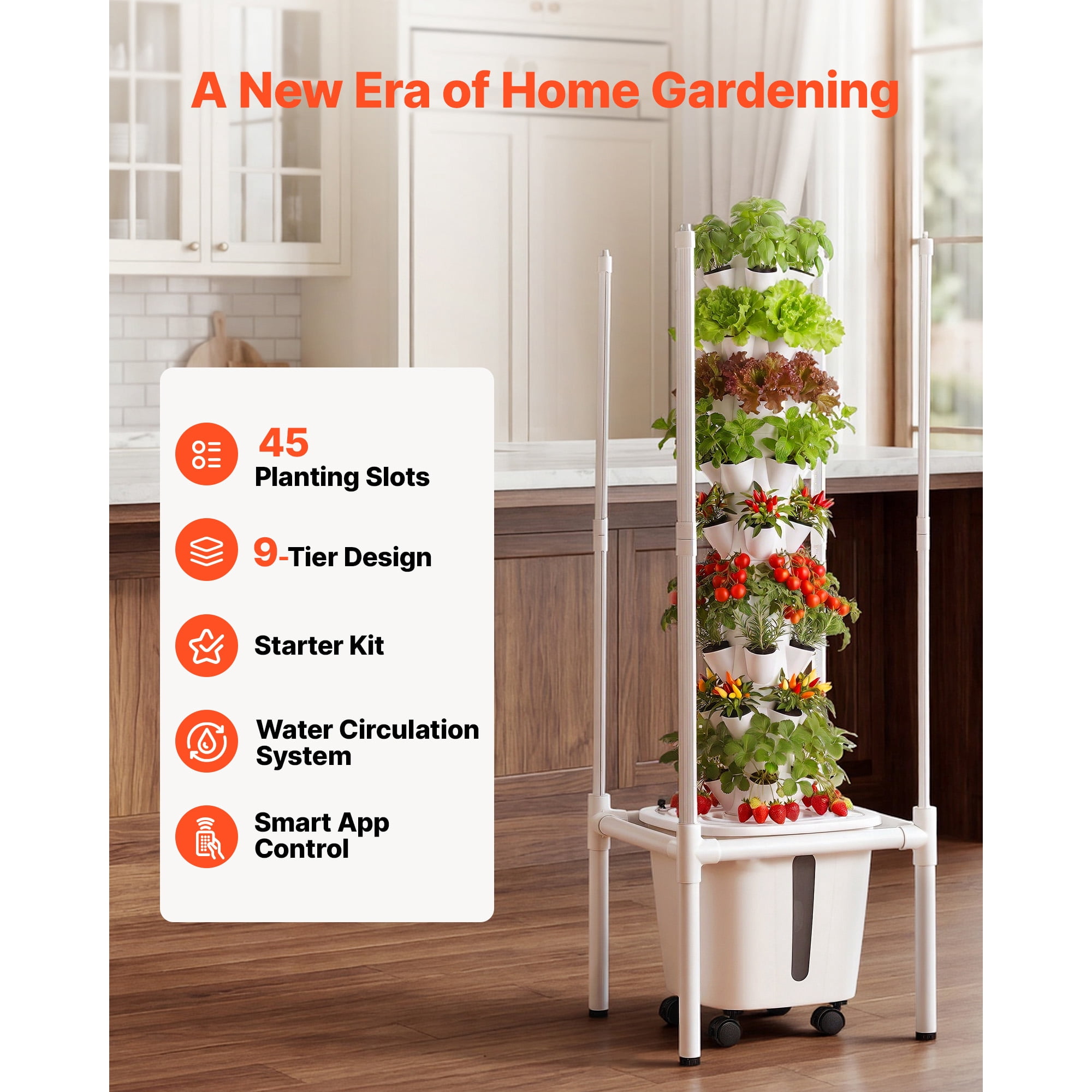 KFFKFF Hydroponic Tower System, 45 Pods and 9 Tiers with LED Grow Light, App Control & Casters, Vertical Indoor Garden with 20L Water Tank & Pump for Growing Herbs, Fruits, and Vegetables