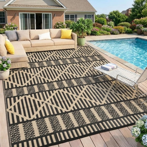 HIWEAVER 8' x 10' Brown/Black Outdoor Rug PP Plastic Straw Woven Waterproof Patio Rug with Border Portable Outside Carpet for Balcony Deck Picnic Garden Decor