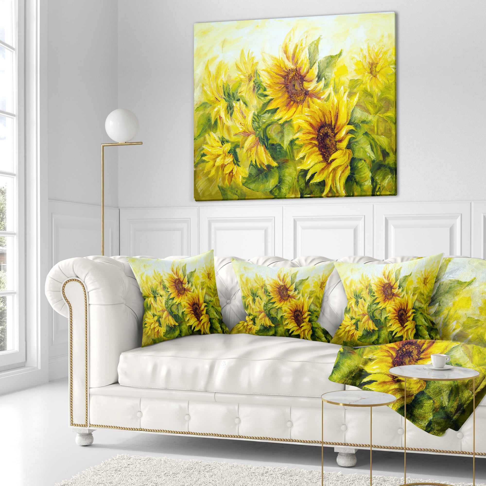 Designart Bright Yellow Sunny Sunflowers - Floral Painting Throw Pillow - 16x16