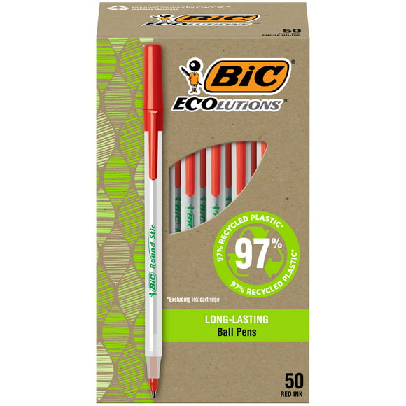BIC Ecolutions Round Stic Ball Point Pen, Red, 50 Pack