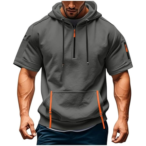 Qgtaibl Athletic Hoodies for Men 1/4 Zip Up Pullover Sweatshirt Short Sleeve Hooded Workout Shirts with Pockets Dark Gray,M