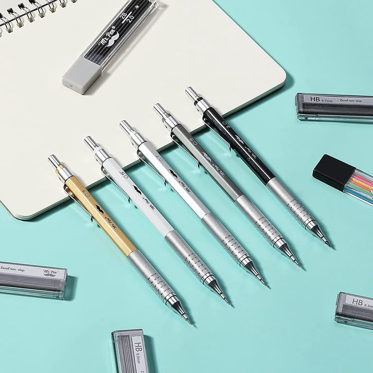 Mr. Pen 5-Size Mechanical Pencil Set In Leather Case - 0.3mm To 2.0mm With Leads, Erasers & Sharpener