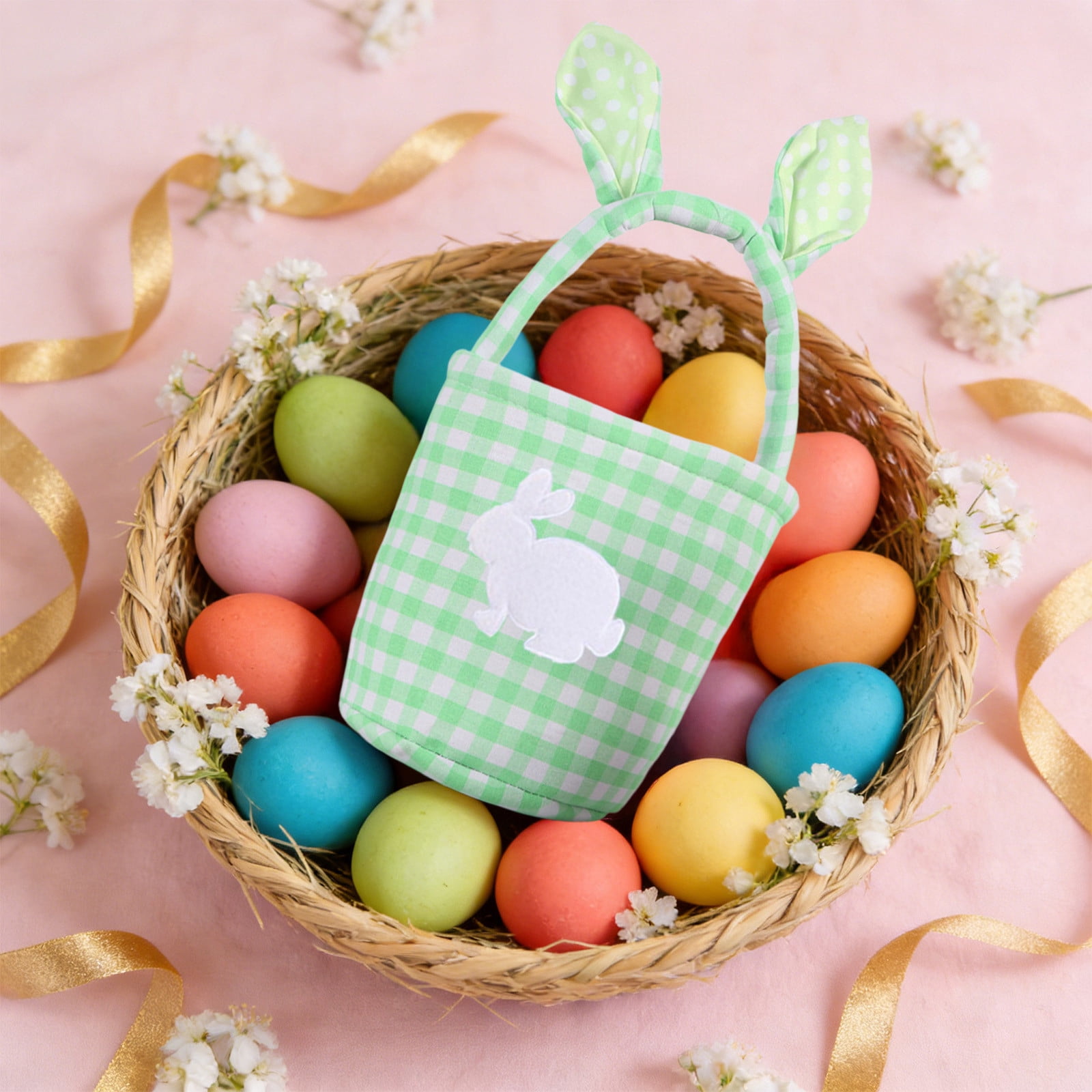 Easter Bunny Ears Basket Plaid Easter Egg Candy Gift Storage Handbag for Home Party Decoration Cute Pastel Spring Holiday Decor