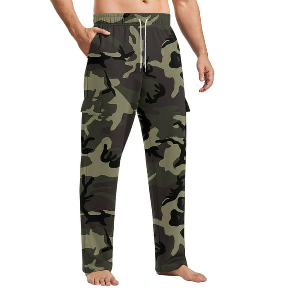 Dresfit Baggy Sweatpants for Men Open Bottom Winter Camo Straight Leg Cargo Joggers Cotton Drawstring Athletic Trousers Autumn Wide Leg Lightweight Pants Dark Green XL