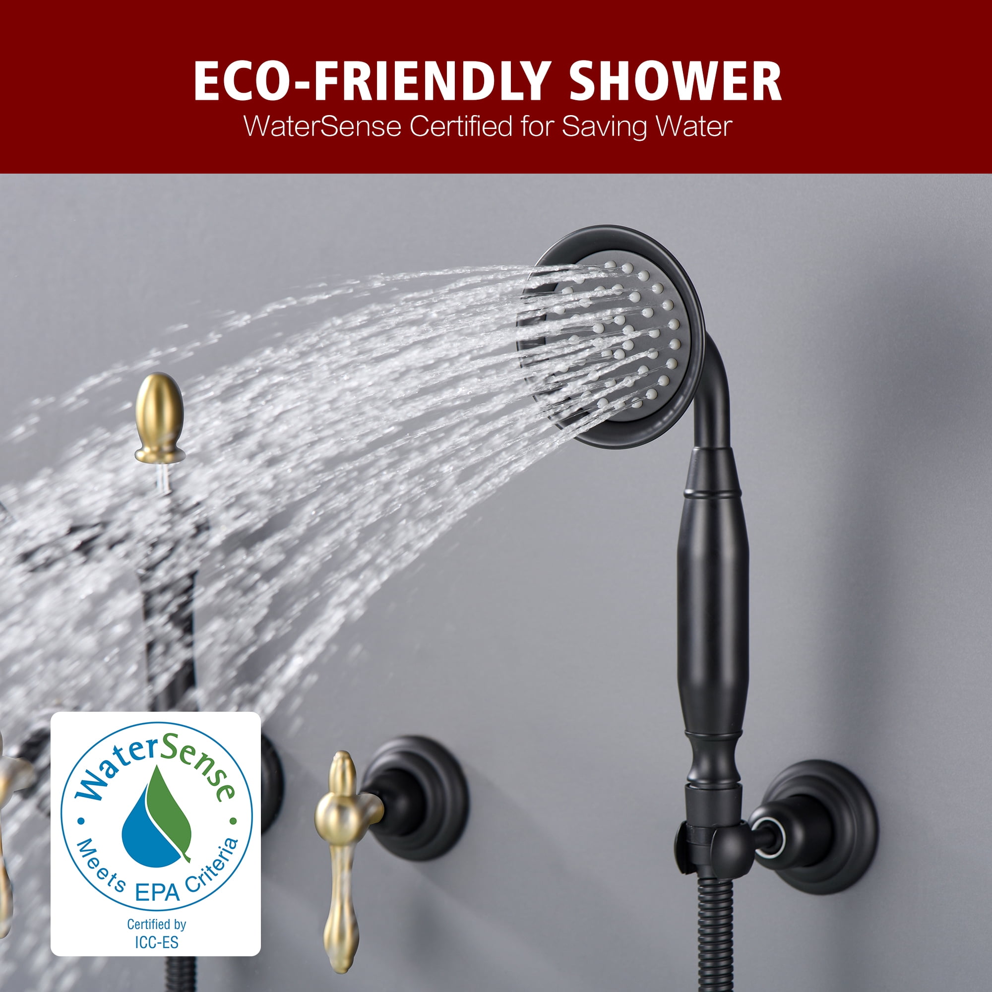 SUMERAIN Wall Mount Tub Faucet with Hand Shower, Vintage High-Flow Bathtub Filler Set Including Rough-in Valve, Black and Gold Finish