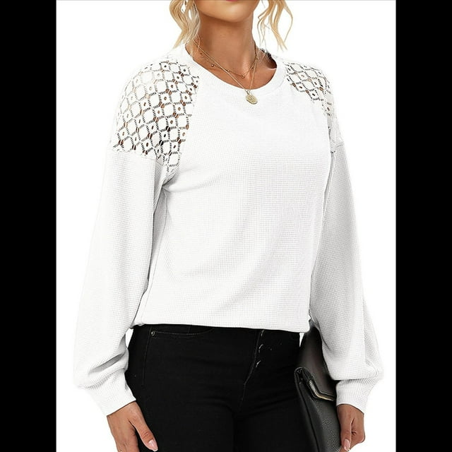 Blusas de Larga para Mujer, Elegantes, Informales, con Cuello Redondo, de Punto con Encaje de Gofre y Patchwork, Blusas Holgadas A XL