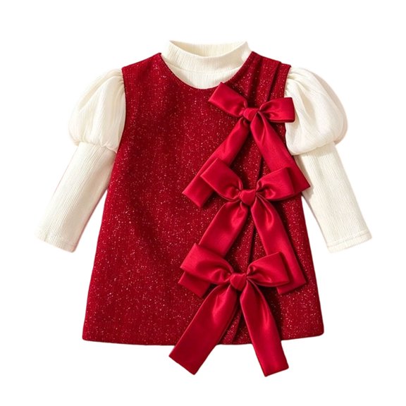 felwors Girls Bow Dress for Ages 2-7, Long Sleeve Elegant Princess Outfit for Fall (2-3 Years,Red)