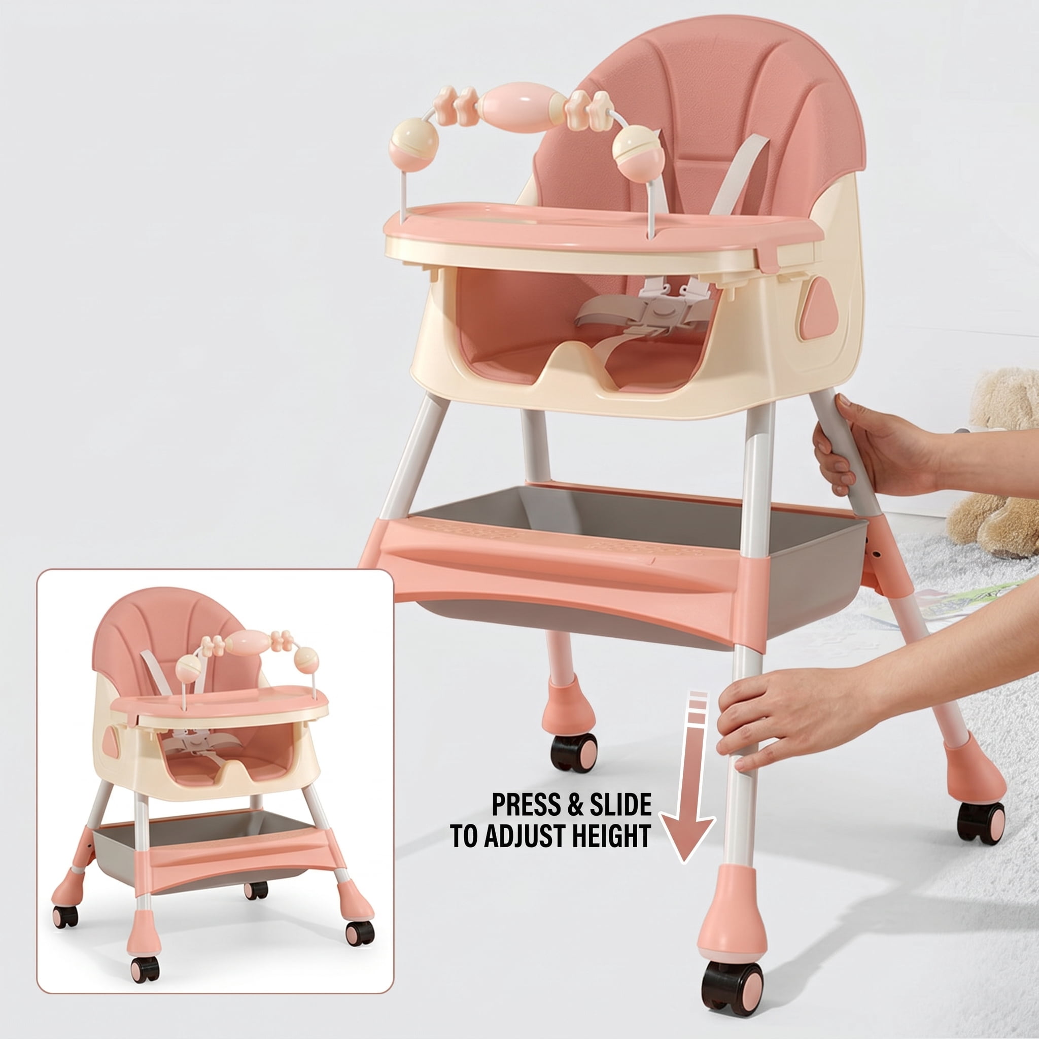 YUCHANG 4- in-1 Baby High Chair,Adjustable Convertible Infant Baby Feeding Chair Booster for Eating with Detachable Double Tray,5 Point Harness