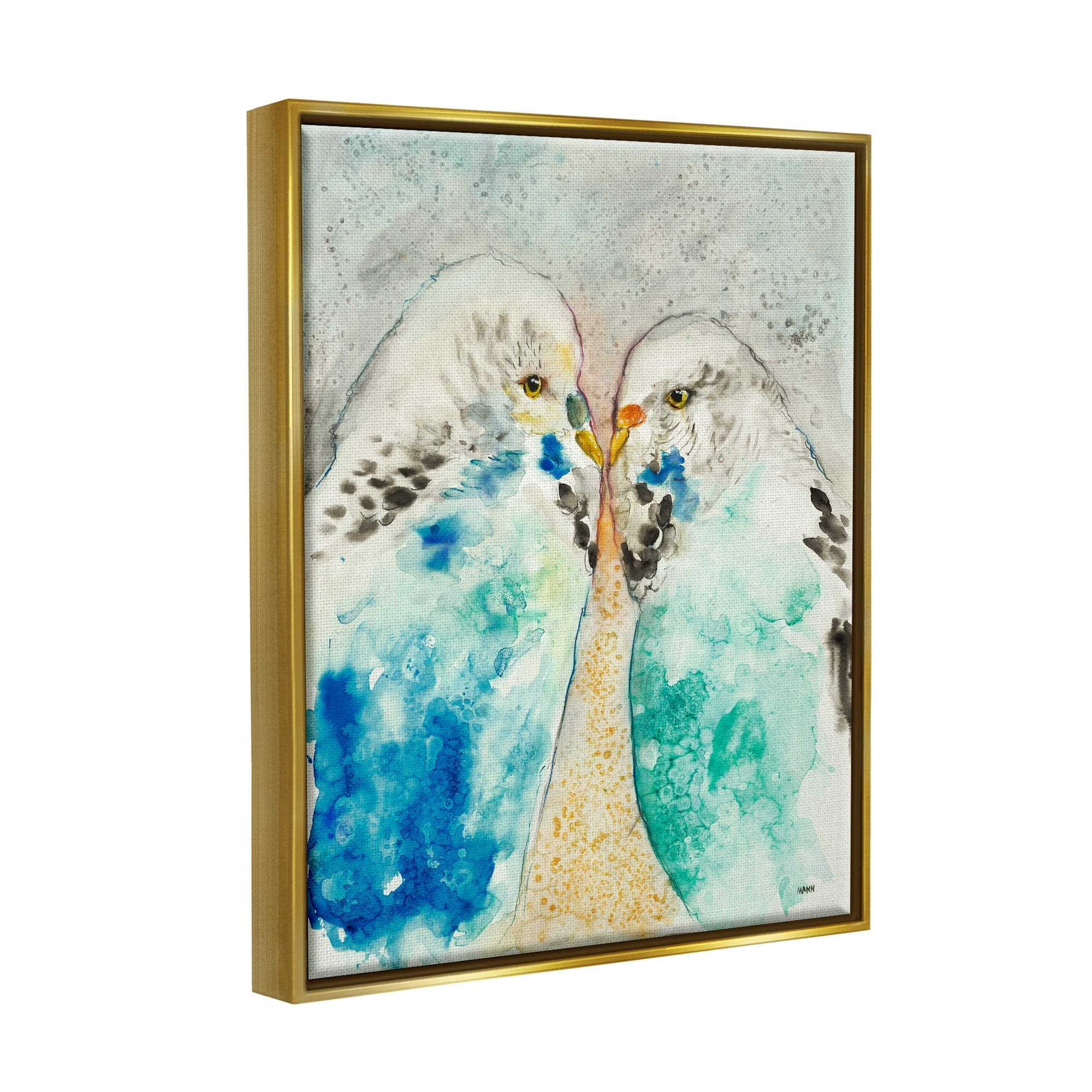 Stupell Industries Pair Blue Parakeets Birds Dotted Watercolor Detail Painting Metallic Gold Floating Framed Canvas Print Wall Art, Design by Patti Mann
