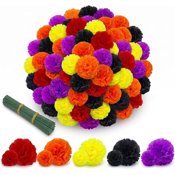 150 PCS Artificial Marigold Flowers with Stems, Mexican Ofrenda Decor