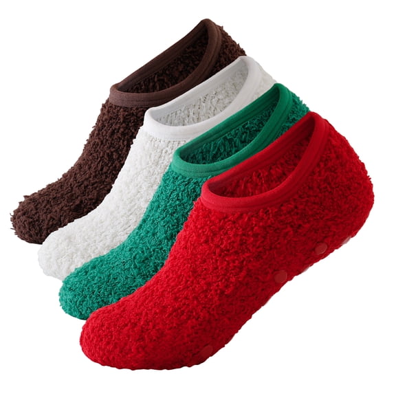 Skola Non Slip Socks for Women Winter Warm Cozy Fuzzy Slipper Socks Soft Fluffy Christmas Socks with Grips Microfiber Ankle Socks women's shoe size 5-8.5
