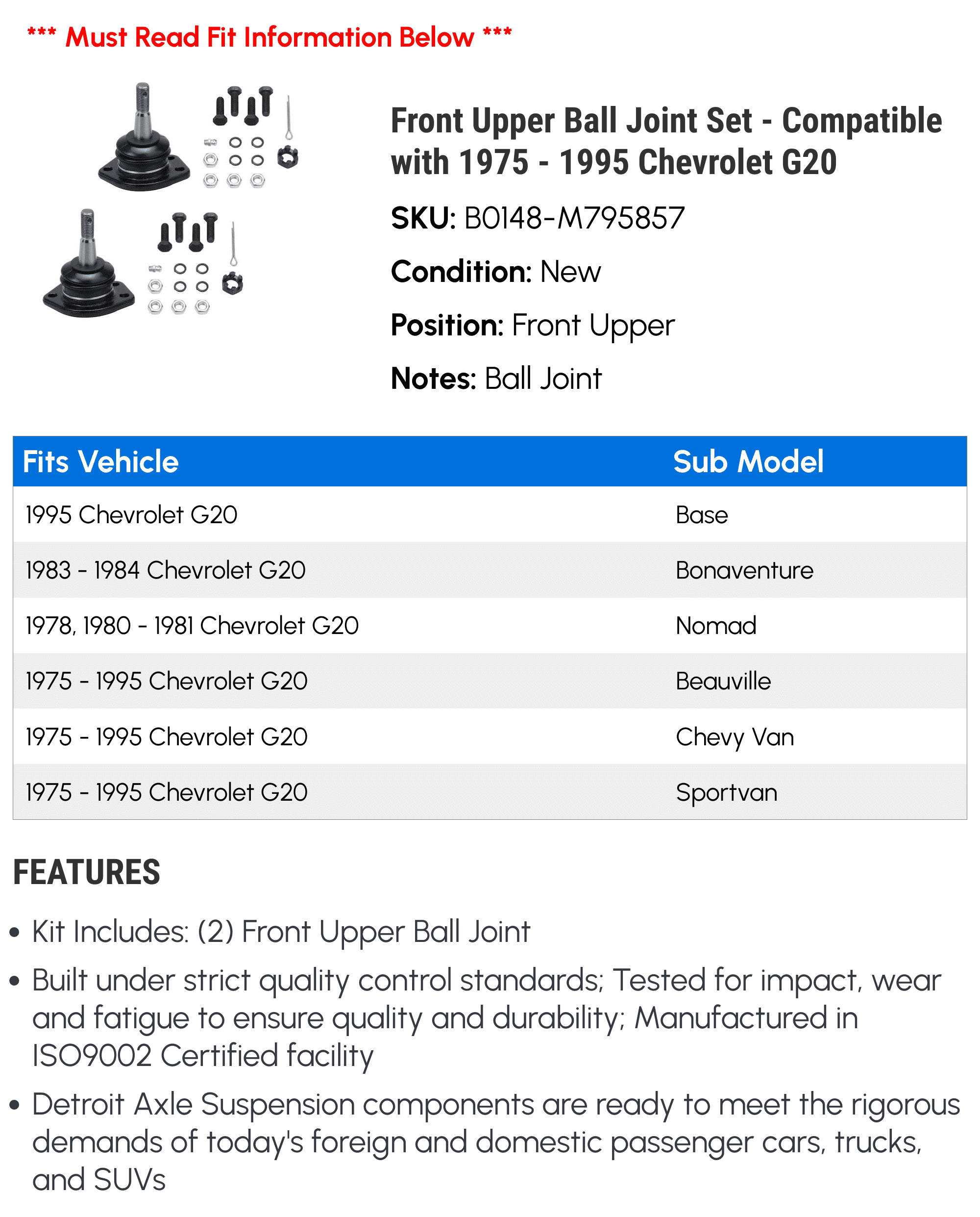 Front Upper Ball Joint Set - Compatible with 1975 - 1995 Chevy G20 1976 1977 1978 1979 1980 1981 1982 1983 1984 1985 1986 1987 1988 1989 1990 1991 1992 1993 1994