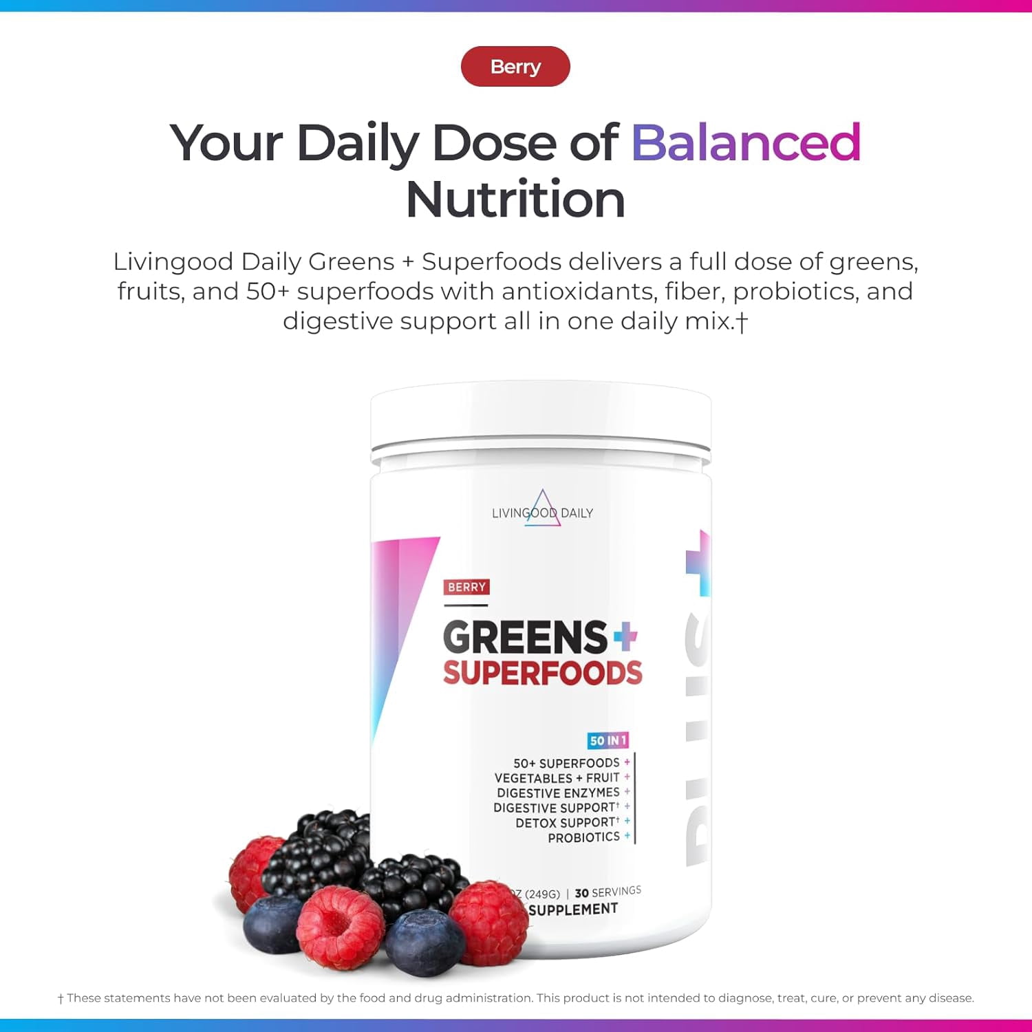 Livingood Daily Greens & Superfood Powder, Super Greens for Gut Health, Green Juice Powder with Spirulina, Chlorella, and Digestive Enzymes, Probiotics for Digestive Support, Berry, 30 Servings