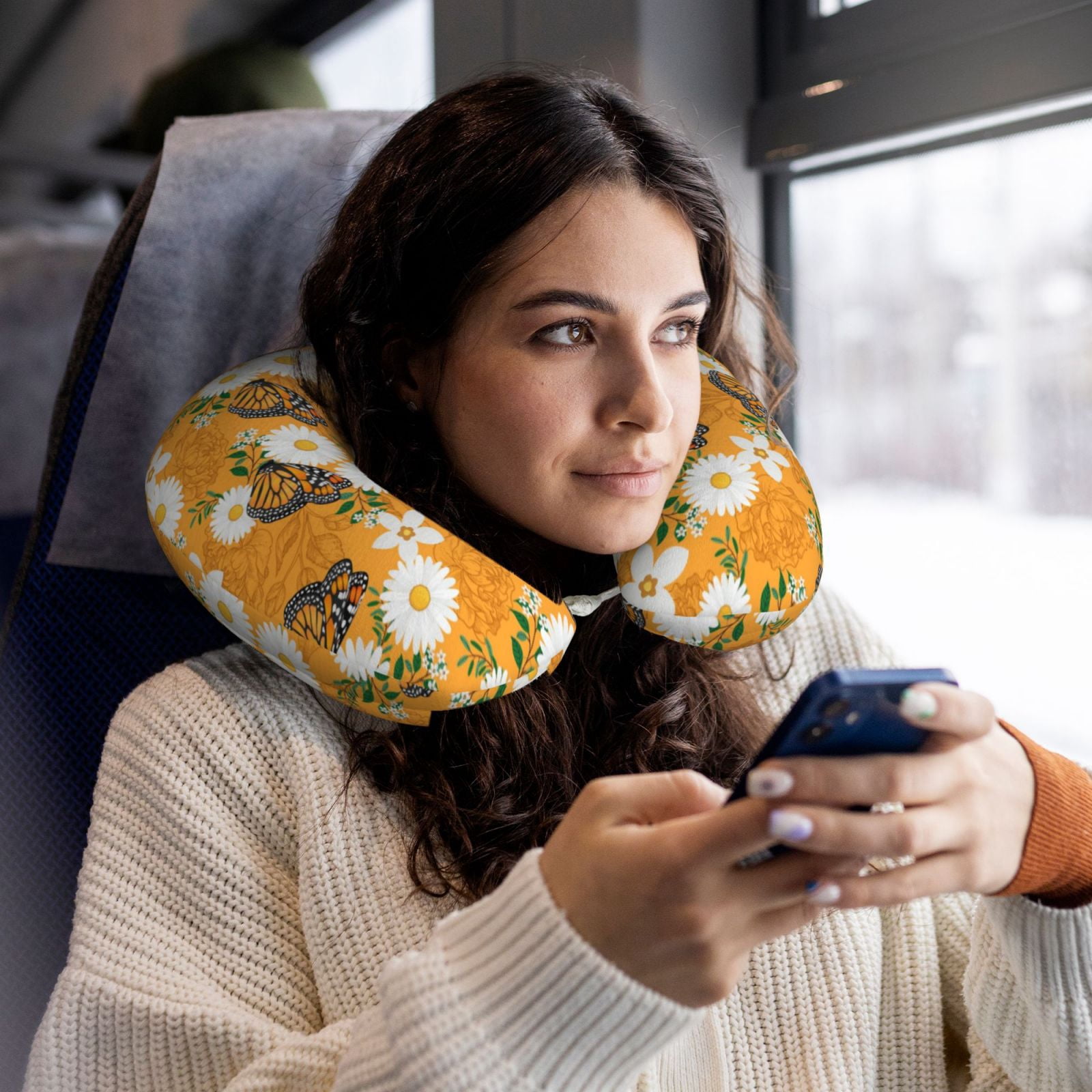 Xecao White Floral and Butterflies Print Memory Foam Cervical Neck Pillow Versatile U-Shaped Pillows for Home,Office,Camping,Travelling,Soft Washable Cover